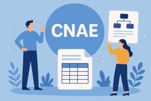 Ilustração de CNAE e prospecção B2B com lupa e gráficos