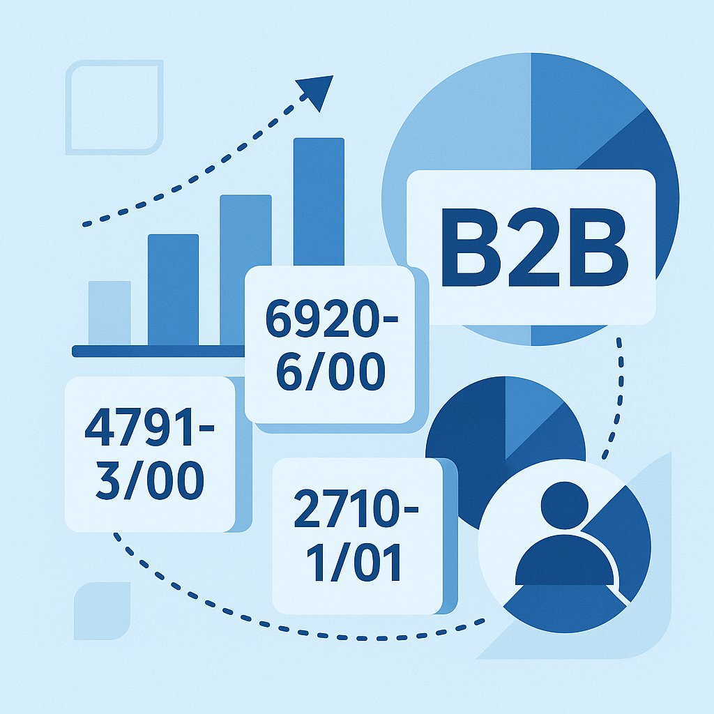 Ilustração com gráficos e ícones representando códigos CNAE e prospecção B2B