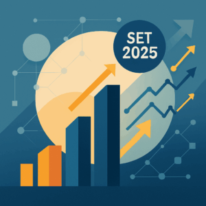 Ilustração abstrata de empresas conectadas por gráficos e linhas digitais, representando o crescimento de empresas em setembro de 2025 e a prospecção B2B