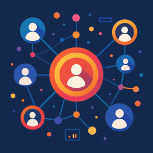 Ilustração abstrata representando marketing baseado em conta, com ícones interligados por uma rede digital